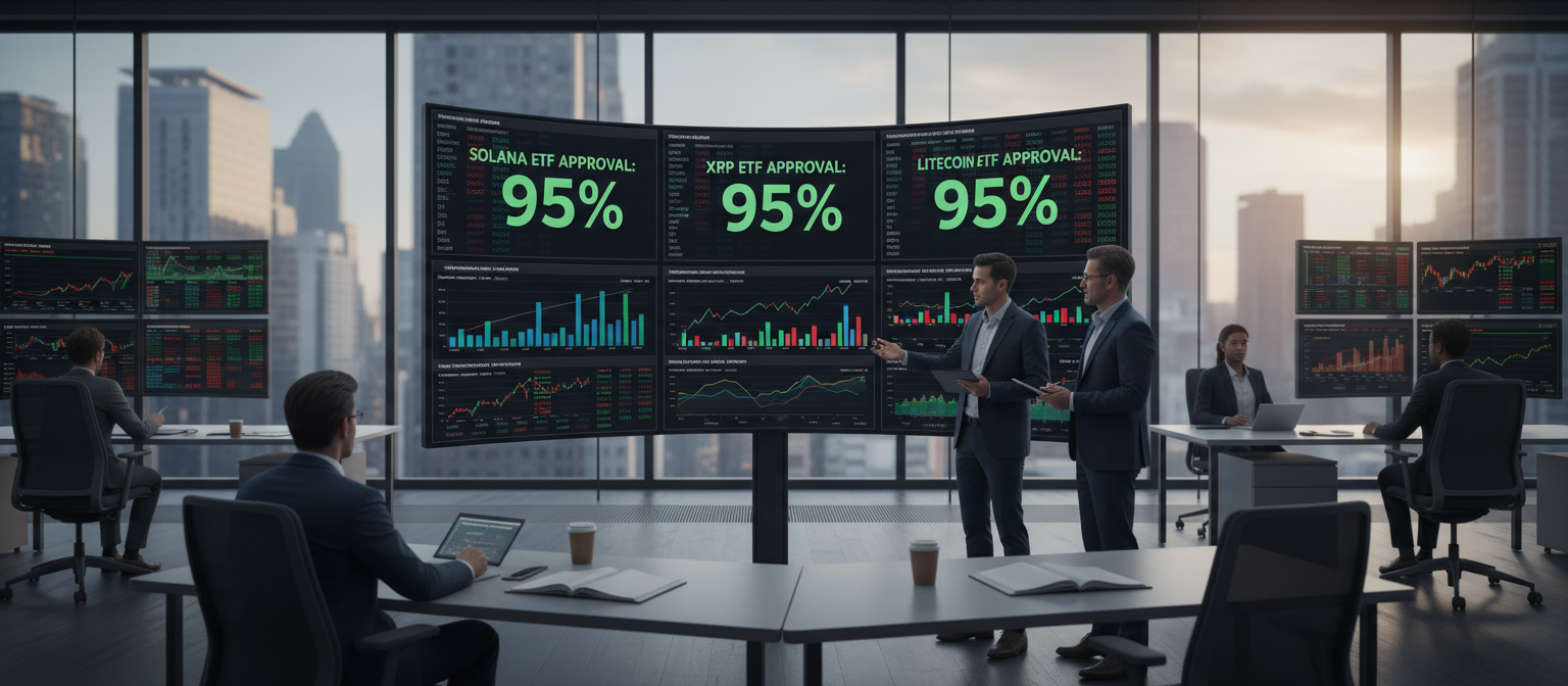 A professional Bloomberg terminal screen showing ETF approval probability metrics at 95% for Solana, XRP, and Litecoin, with analysts reviewing charts and data in a modern office setting