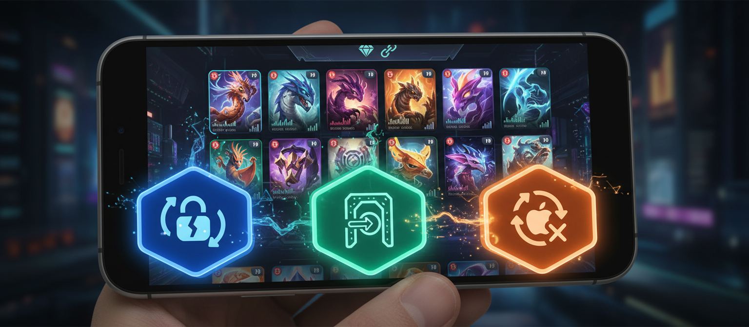 Gaming interface showing seamless integration between mobile app and external NFT marketplace with direct purchase options