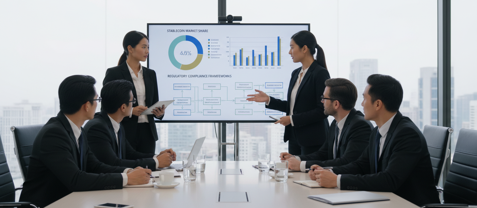 Professional banking conference room with financial executives discussing cryptocurrency legislation with charts showing stablecoin market share and regulatory compliance frameworks