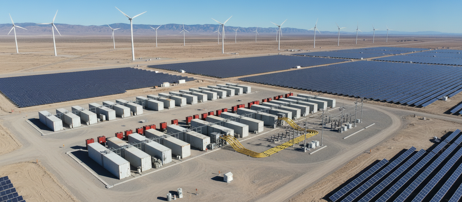 Bitcoin mining operation in North America with renewable energy infrastructure showing wind turbines and solar panels powering mining containers