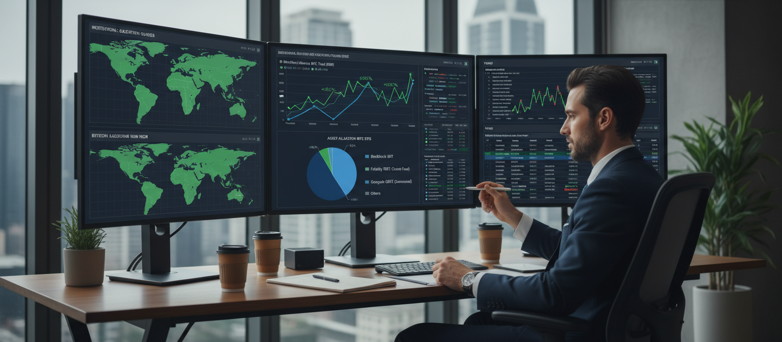 Professional financial analytics dashboard showing detailed Bitcoin ETF performance charts with rising trend lines, asset allocation pie charts showing BlackRock’s dominance, institutional investor reviewing data on multiple monitors, clean modern office setting