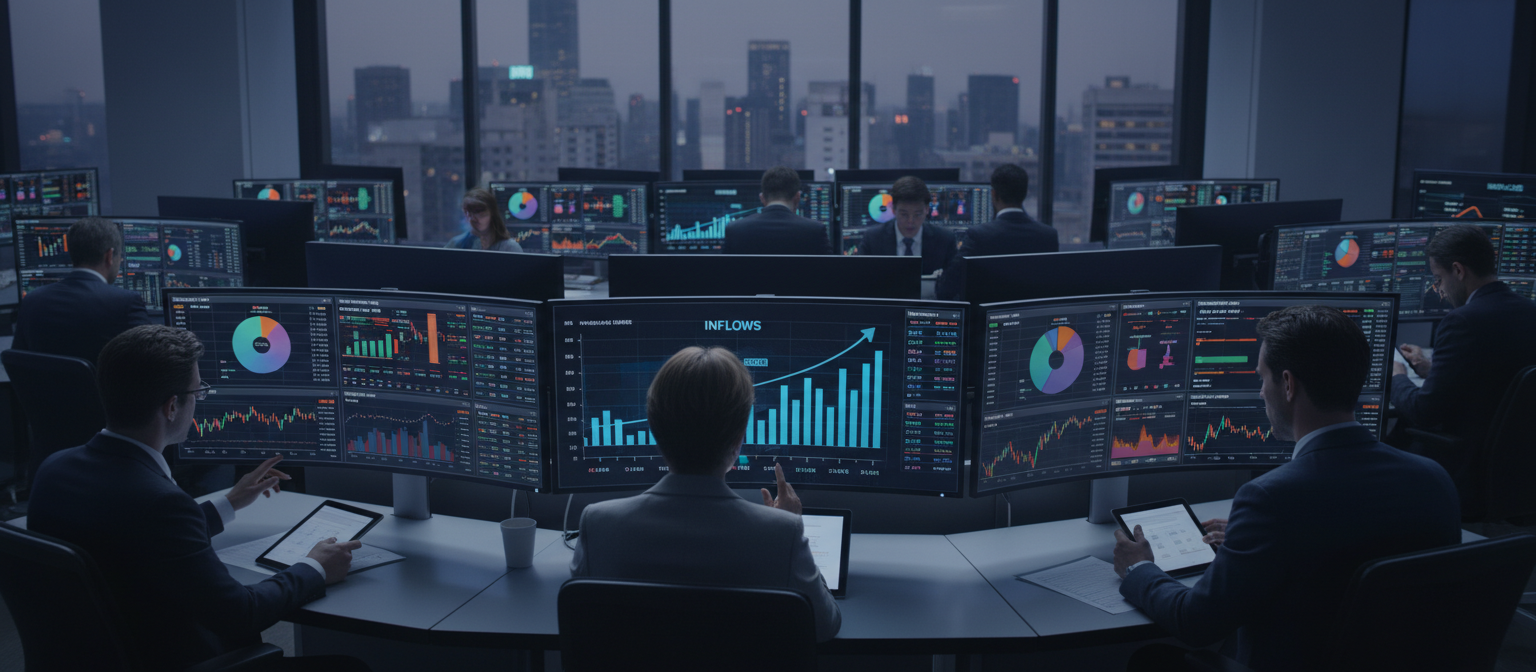 Institutional investors analyzing Bitcoin ETF performance data on financial terminals with charts showing inflow trends