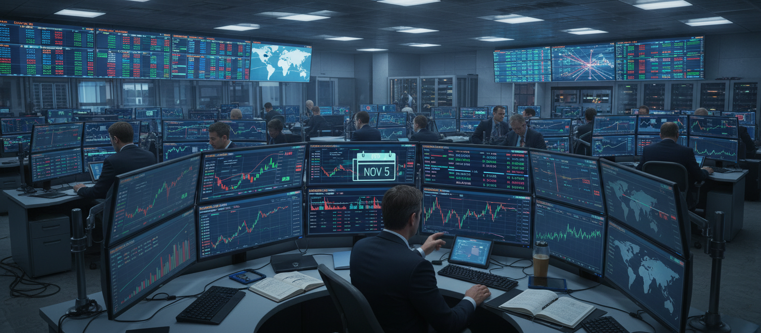 Institutional trading floor showing Bitcoin ETF screens with live data, capital flow indicators, and cryptocurrency market analysis displays as institutional traders analyze positions ahead of US election