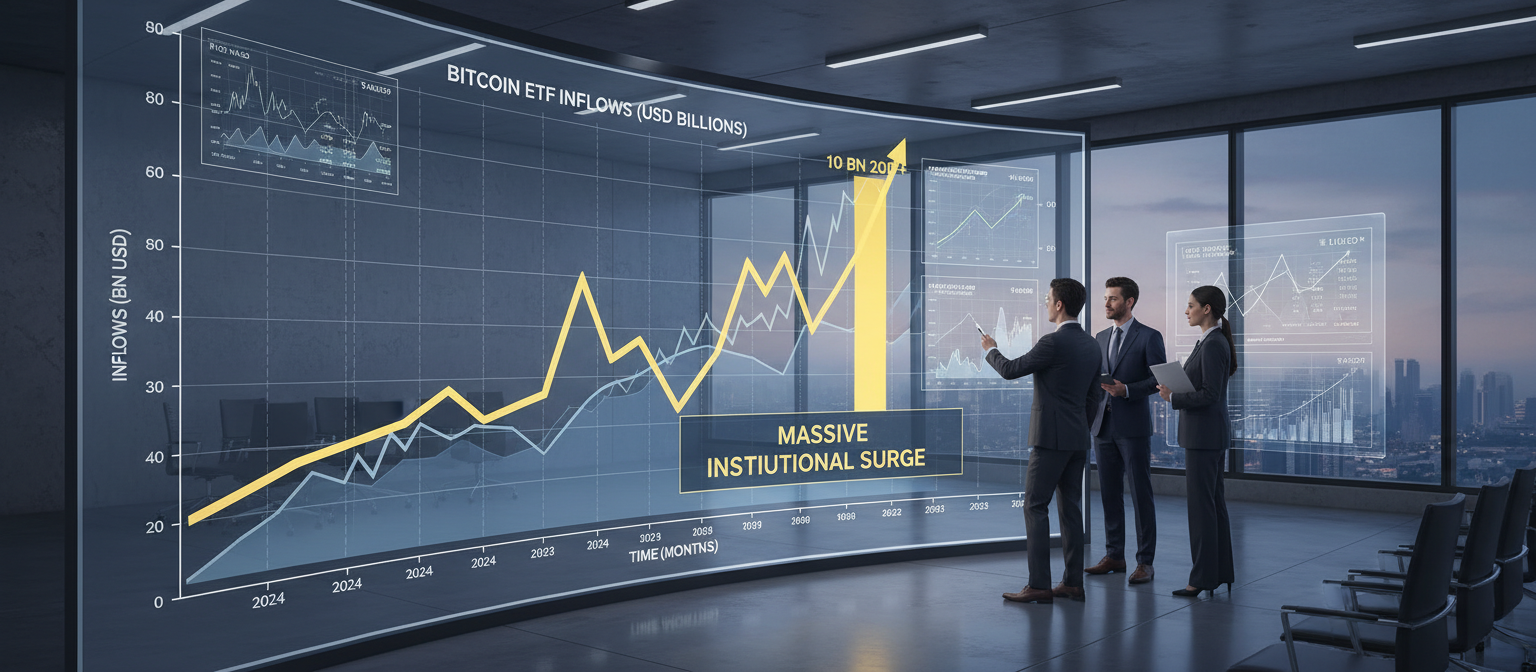 Professional financial chart showing dramatic upward trend line representing Bitcoin ETF inflows over time, with May 2025 highlighted showing massive spike, institutional investors reviewing data on modern displays, clean corporate aesthetic