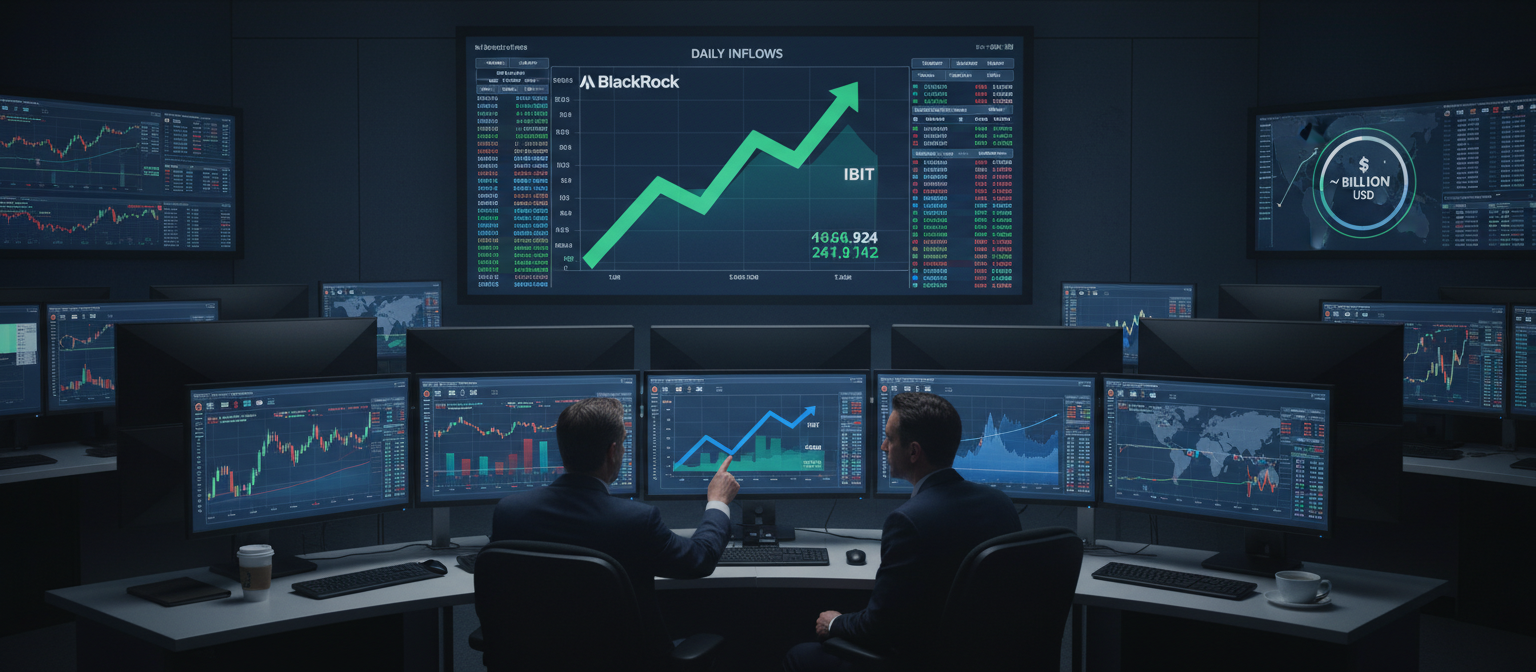 Institutional investors monitoring Bitcoin ETF flow data on multiple trading terminals showing BlackRock IBIT leading with massive inflow numbers, Fidelity FBTC charts, and cumulative ETF holdings approaching $60 billion