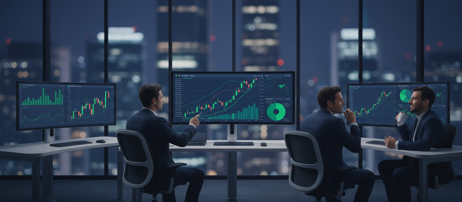 Institutional investors analyzing Bitcoin ETF data on multiple trading terminals with upward-trending charts