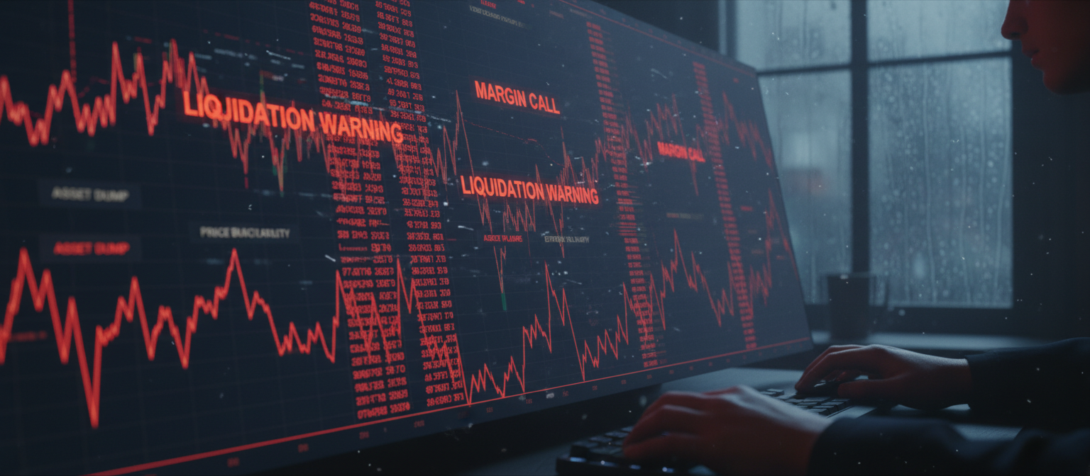 Close-up of cryptocurrency trading platform interface showing cascading red sell orders, margin call notifications, and liquidation warnings, dark moody lighting emphasizing market stress and volatility