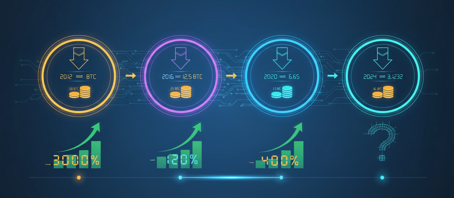 Infographic showing Bitcoin’s four halving events with dates, reward reductions, and subsequent price performance over the following 12 months