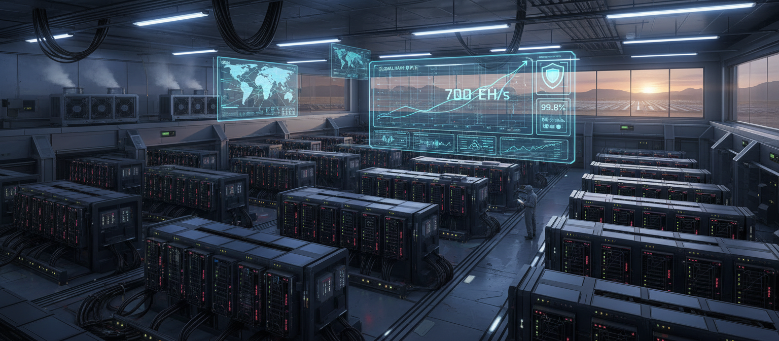 Bitcoin mining data center aerial view showing massive facility with rows of mining containers, renewable energy installations like solar panels and wind turbines, and institutional monitoring centers tracking performance metrics