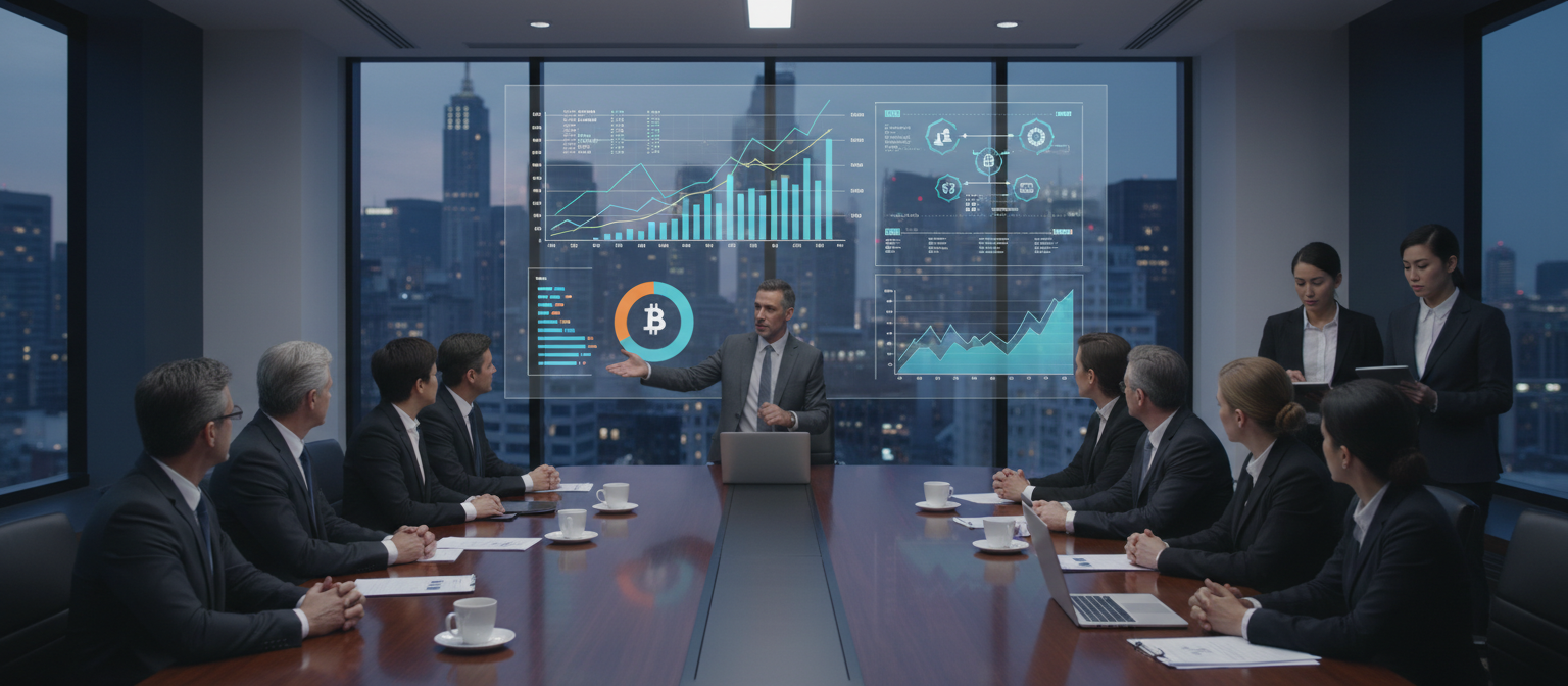 Corporate boardroom meeting with executives discussing Bitcoin treasury allocation strategy, financial charts showing Bitcoin performance, and regulatory compliance experts analyzing the impact of SEC leadership changes