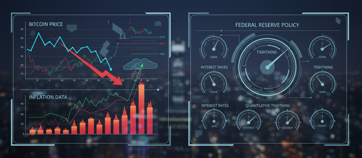 Financial market dashboard showing Bitcoin price decline alongside inflation data and Federal Reserve policy indicators with technical analysis overlays