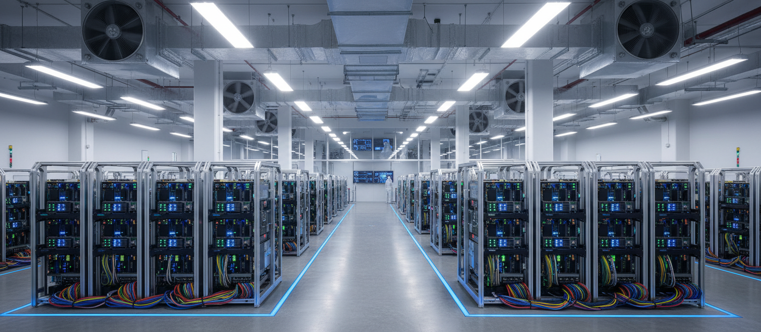 Professional cryptocurrency mining operation with rows of specialized Bitcoin mining computers in a clean industrial facility with proper cooling infrastructure