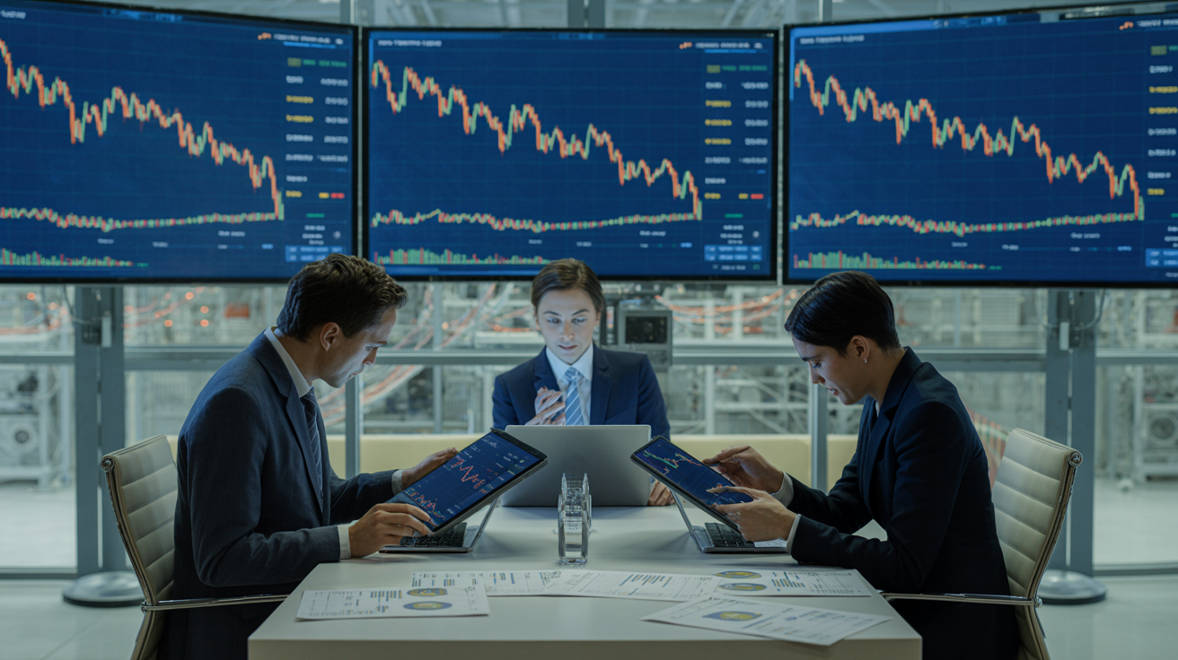 Bitcoin mining difficulty chart showing exponential increase, financial data dashboards displaying declining miner profitability metrics Q1 2025, industrial mining operations with concerned operators reviewing poor quarterly results, professional business analysis environment