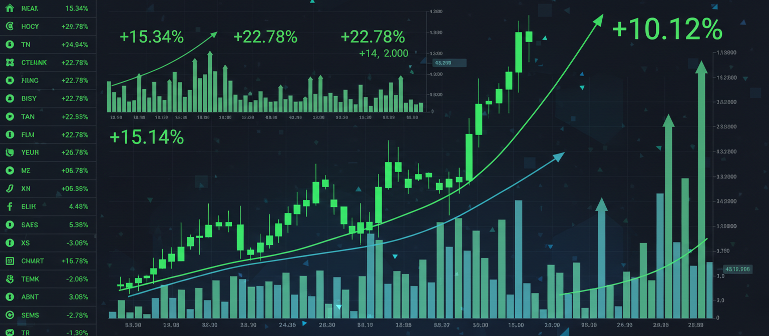 Cryptocurrency exchange trading interface showing multiple digital assets with green price movements and increased trading volumes during the market rally