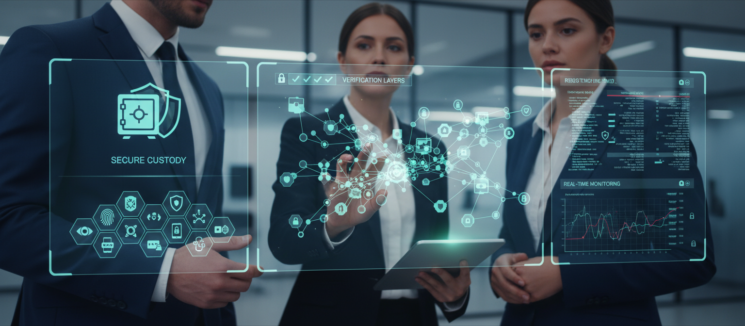 Financial institution traders monitoring DeFi protocol performance through secure dashboard interface showing real-time transaction verification and compliance metrics