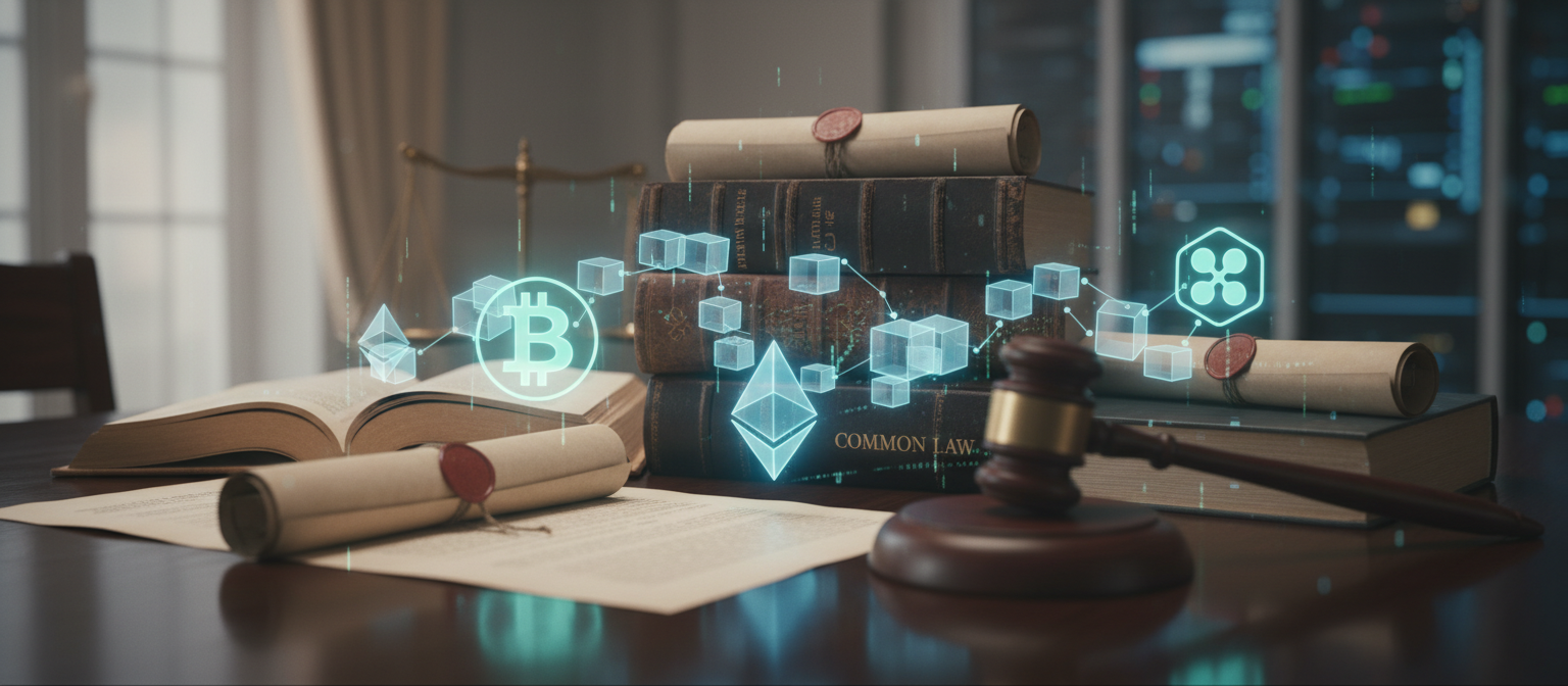 Legal documents and cryptocurrency symbols representing the intersection of traditional law and digital assets