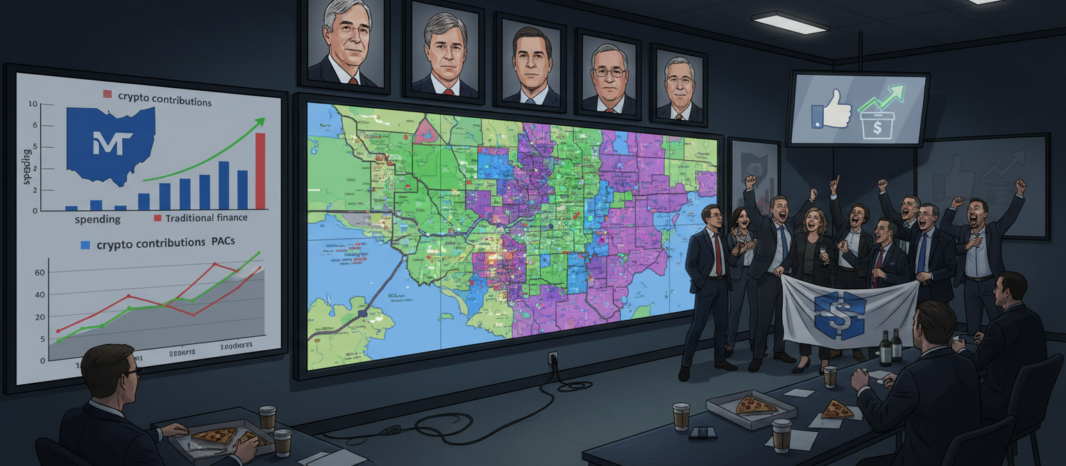 Political campaign war room showing electoral map with cryptocurrency industry spending data by district, Senate Banking Committee member photos, contribution charts showing $40M Ohio spending, and crypto lobbyists celebrating election results