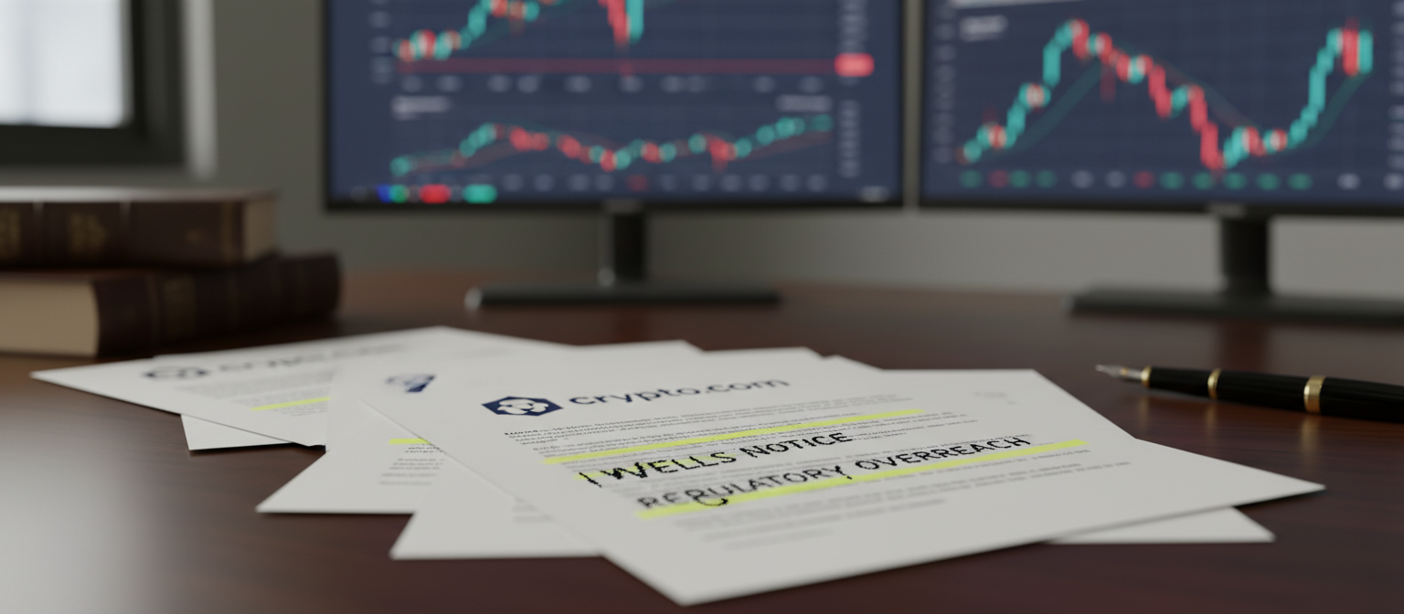 Legal documents spread on a desk showing Crypto.com’s lawsuit filing against the SEC, with highlighted sections about Wells Notice and regulatory overreach, law office setting with cryptocurrency charts in background