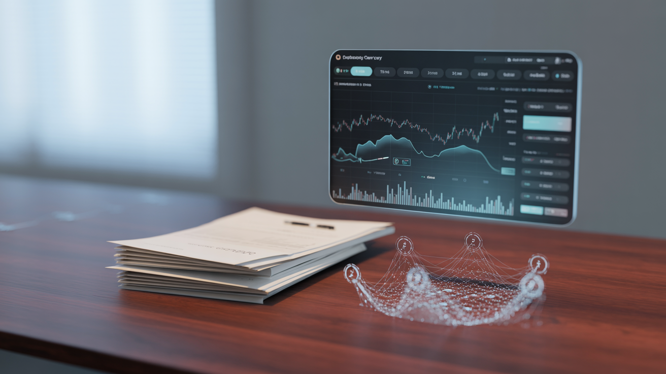 Cryptocurrency trading platform interface showing decentralized exchange architecture, regulatory framework documents on desk, blockchain network visualization with smart contracts and distributed nodes, professional compliance and technology integration concept