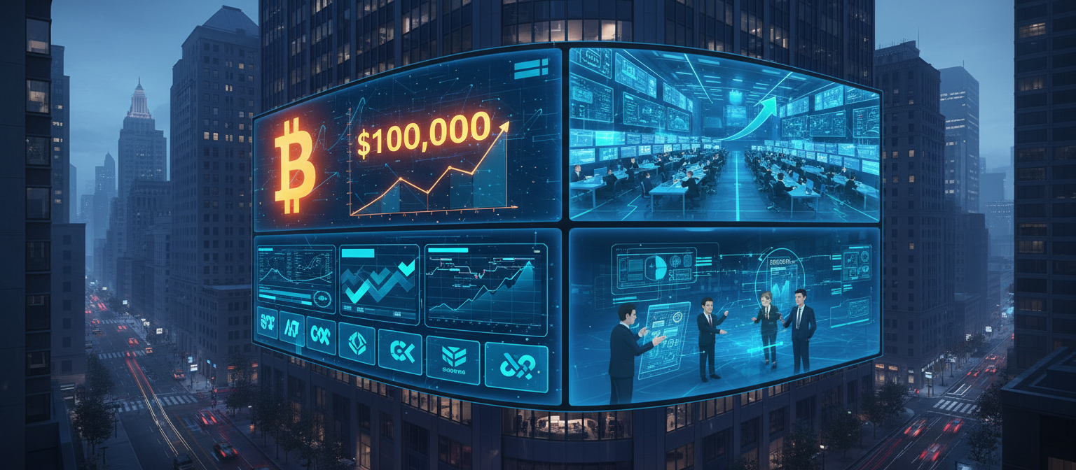 Financial district display showing crypto exchange platforms with Bitcoin at $89,000, institutional trading floors with increased cryptocurrency activity, and regulatory experts analyzing Trump’s crypto policy implications