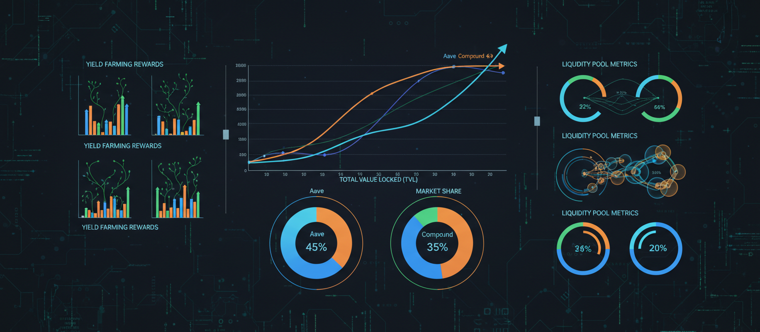 Comparative chart showing top DeFi lending platforms by TVL with Aave leading at $23B, Compound following, and other platforms with their respective market shares and APY rates