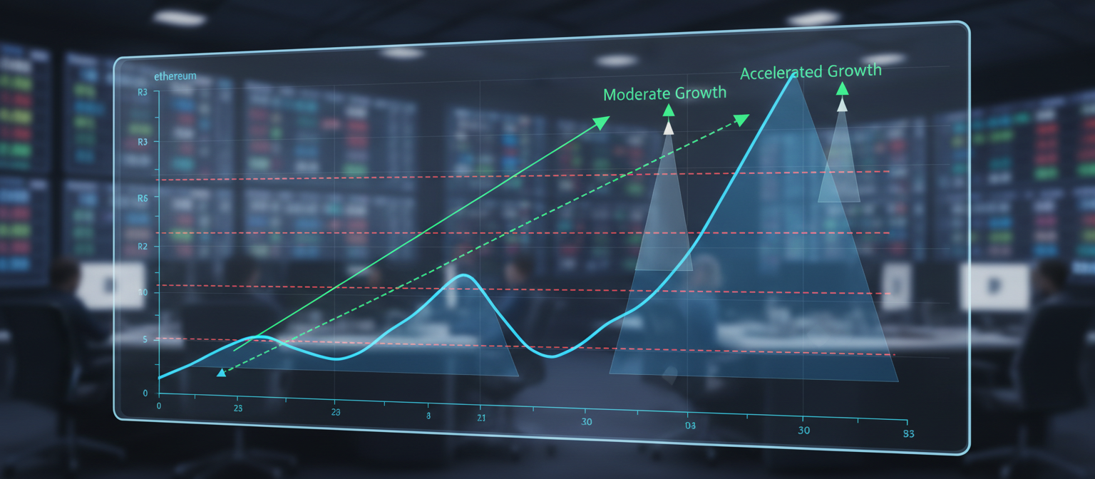 Financial chart showing Ethereum price projections with resistance levels and growth scenarios overlaid on market data