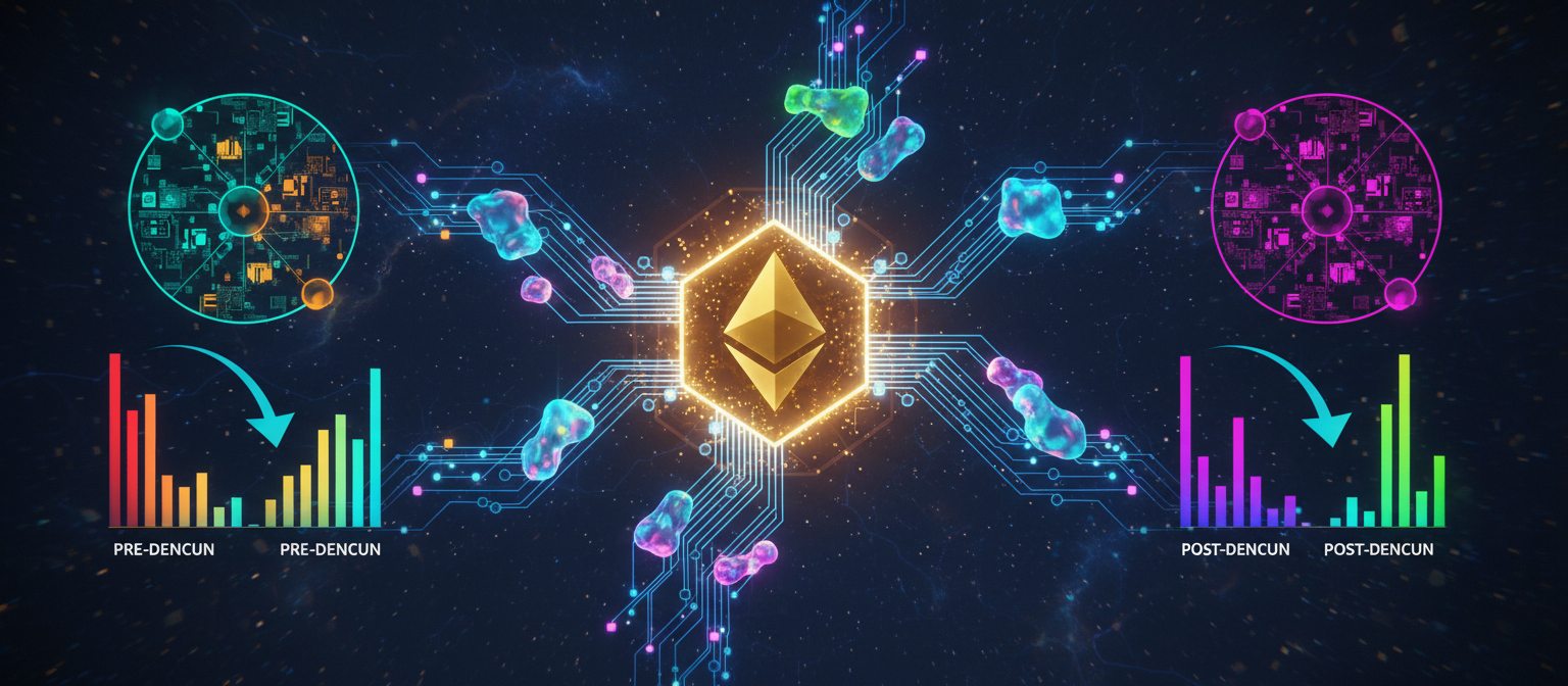 Diagram showing blob transaction flow from Layer 2 networks to Ethereum mainnet with cost comparison bubbles showing pre and post-Dencun pricing