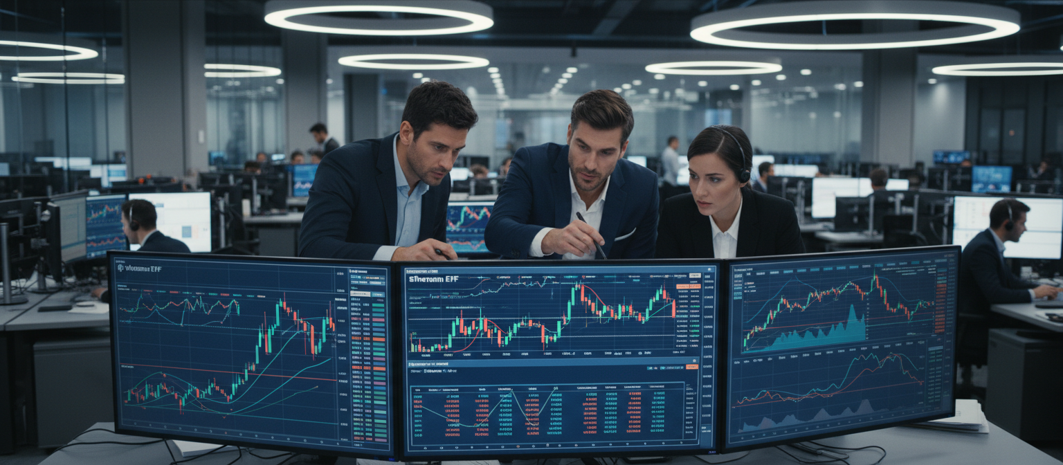 Financial professionals in a trading environment analyzing Ethereum ETF performance charts with institutional trading desks visible in the background