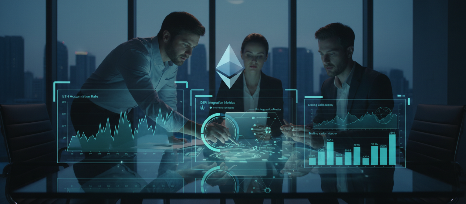 Financial analysts reviewing charts showing Ethereum accumulation patterns alongside staking yields and DeFi integration metrics in corporate boardroom setting