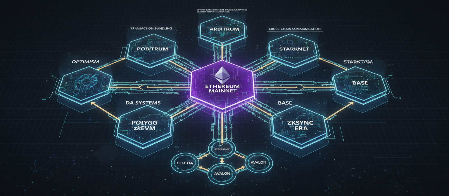 Network diagram showing Ethereum’s Layer 2 ecosystem with multiple rollup chains connecting to the main Ethereum blockchain, data flowing between layers represented by glowing pathways, technical schematic style with transparent overlays