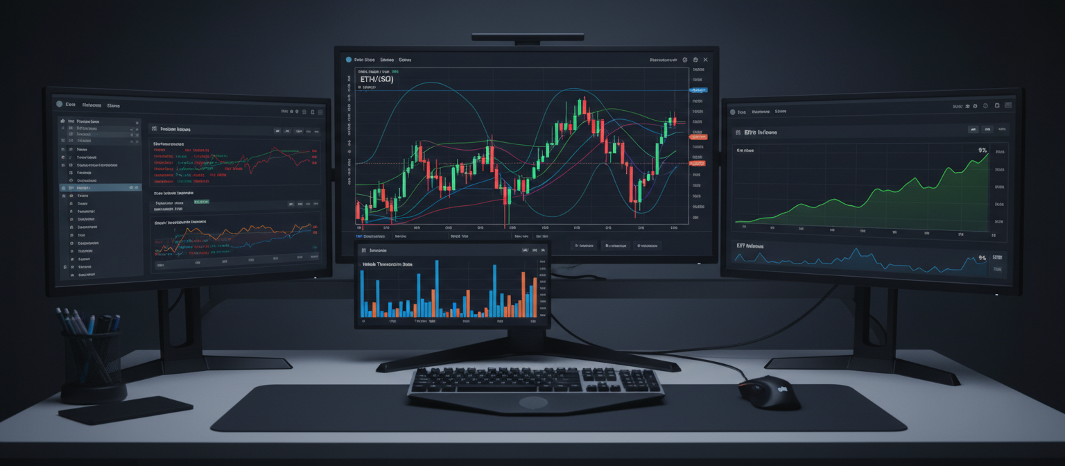 Professional trading dashboard showing Ethereum charts with whale transaction data, ETF inflows, and technical analysis indicators overlay
