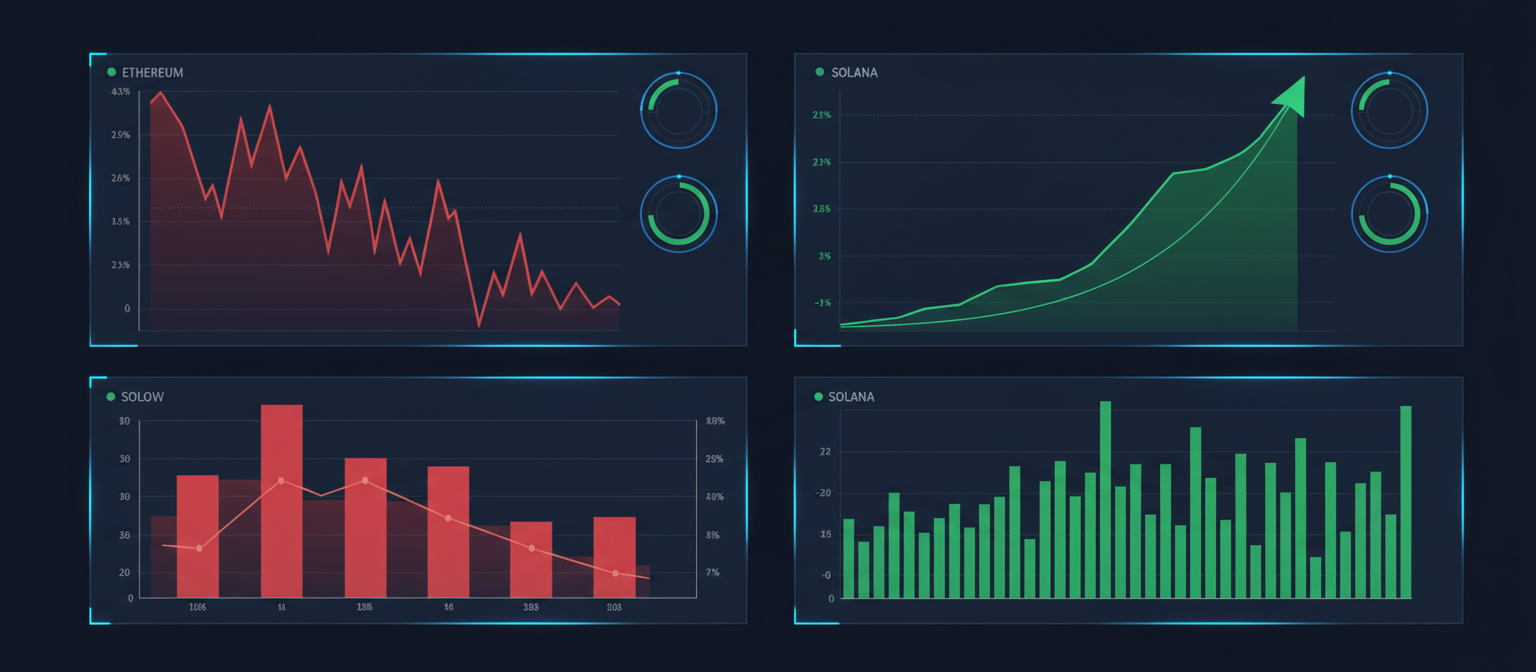 Financial dashboard showing cryptocurrency price charts with Ethereum declining trend and Solana’s upward trajectory, accompanied by volume and inflow metrics