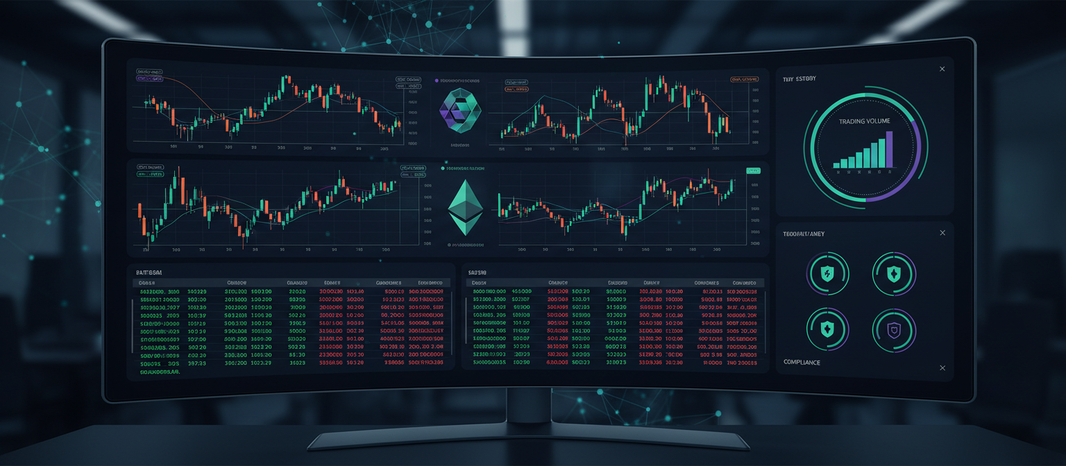 Modern cryptocurrency exchange trading interface showing Bitcoin, Ethereum and other digital assets with real-time price charts, order books and trading volumes, institutional-grade platform dashboard with custody and compliance features