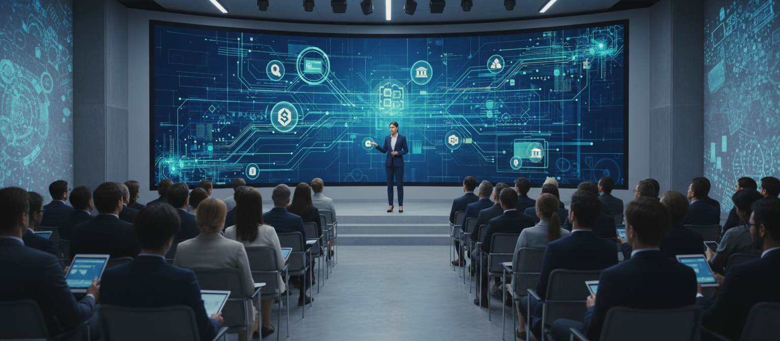 Jamie Dimon speaking at a financial conference with charts in background showing traditional and digital asset market integration