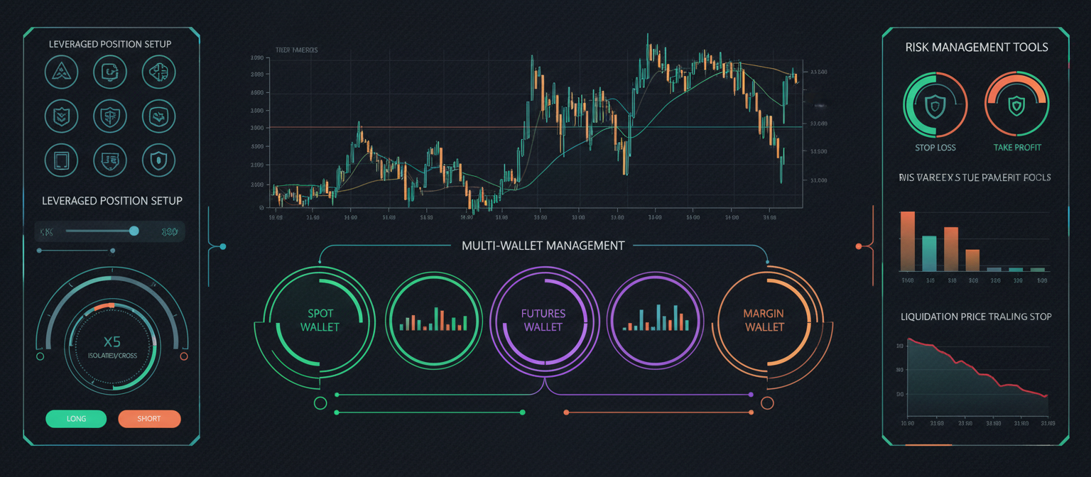 Sophisticated cryptocurrency trading platform interface showing multi-wallet management and leveraged position setup with risk management tools