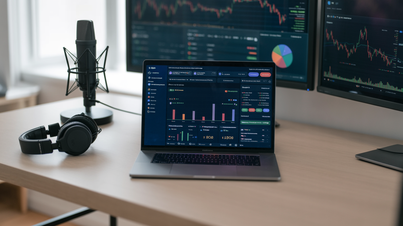 Modern content creator workspace showing a laptop displaying the Pyramid.is dashboard with referral statistics, earnings tracking, and crypto payout options, surrounded by podcasting equipment and crypto trading screens in a professional home studio setup
