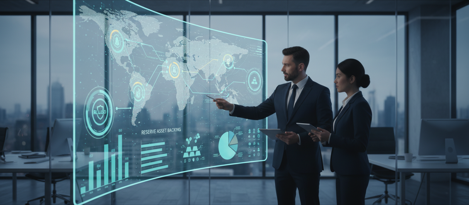 Financial professionals analyzing RLUSD stablecoin integration charts showing cross-border payment flows and reserve asset backing on secure trading platforms