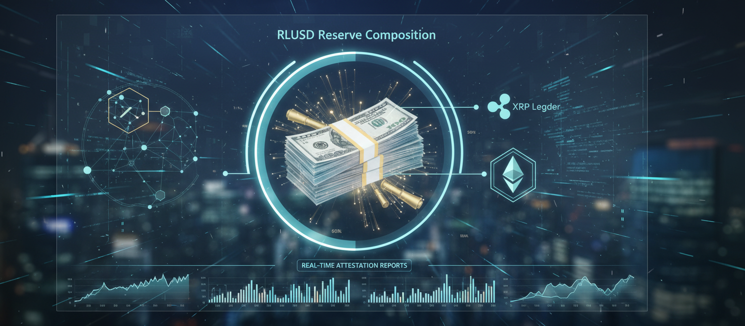 Financial dashboard showing RLUSD reserve composition with U.S. dollar bills, Treasury bonds, blockchain network nodes connecting XRP Ledger and Ethereum platforms, and real-time attestation reports