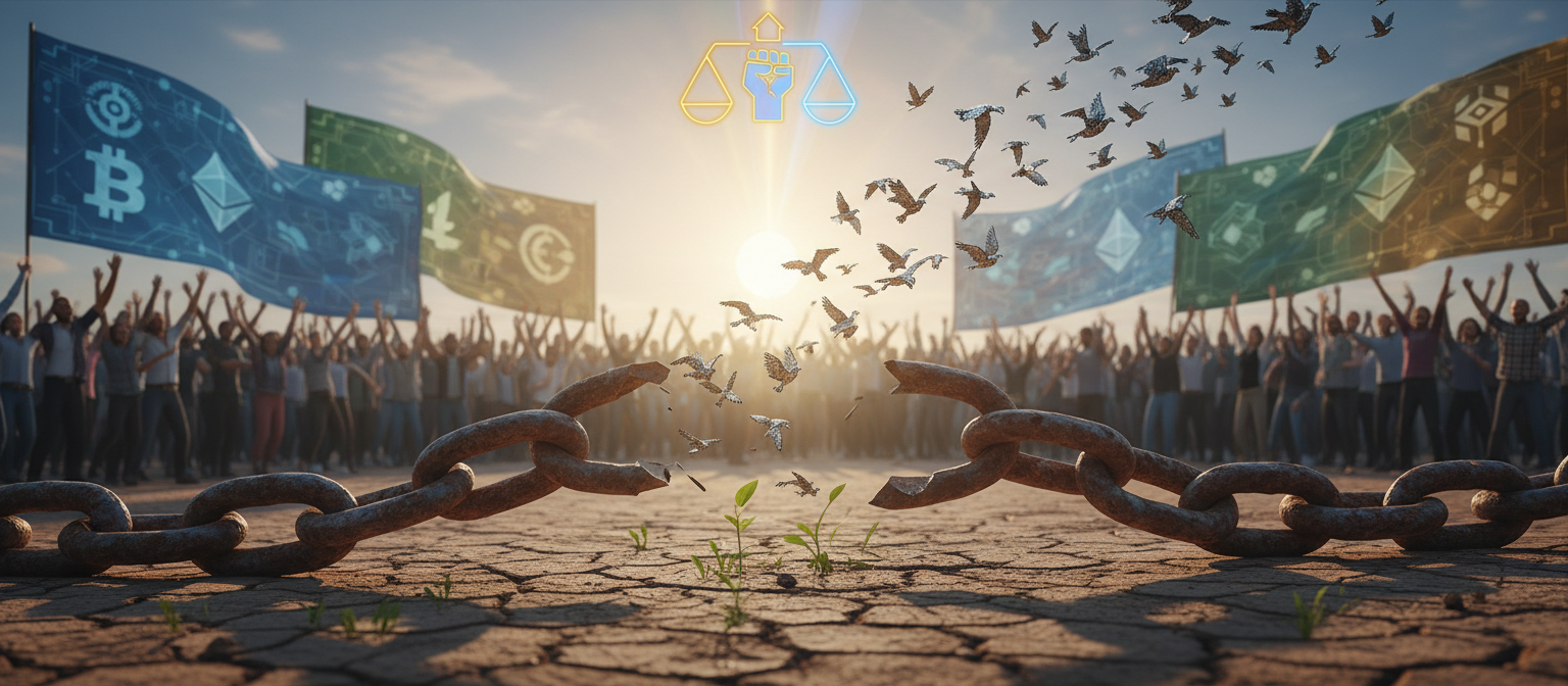 Ross Ulbricht portrait photo with freedom celebration imagery, broken chains symbolizing release from life sentence, cryptocurrency community support banners and Free Ross campaign success