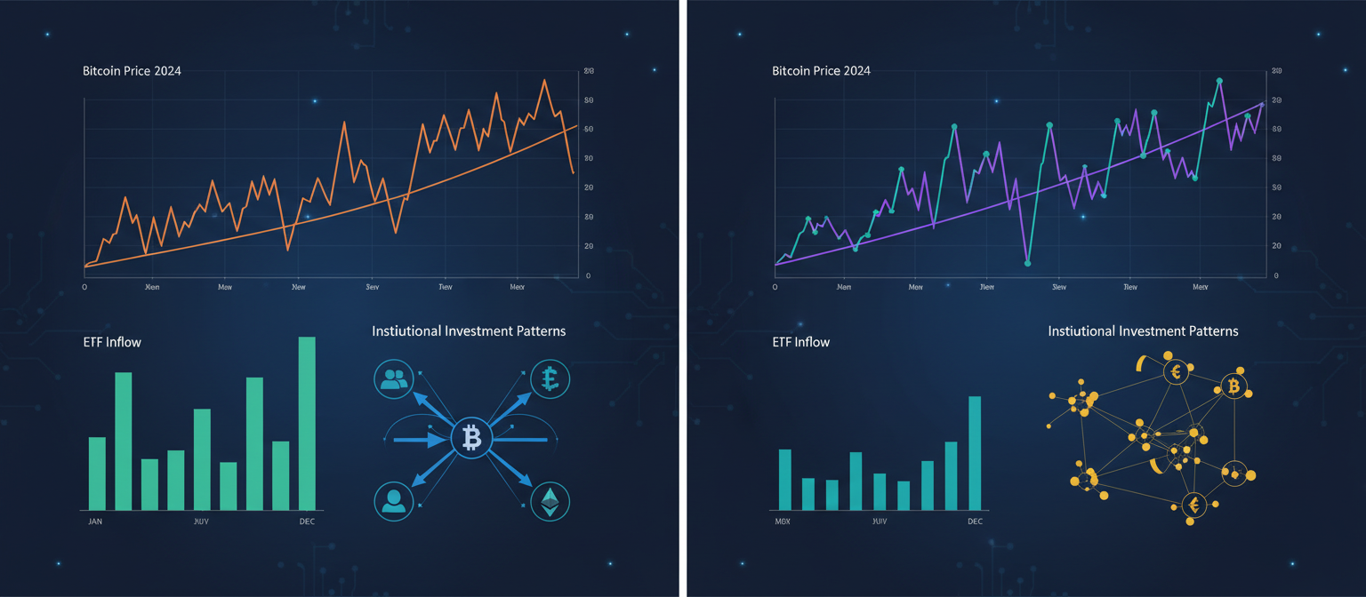 Split screen showing Bitcoin and Ethereum price charts with ETF inflow statistics and institutional investment patterns throughout 2024