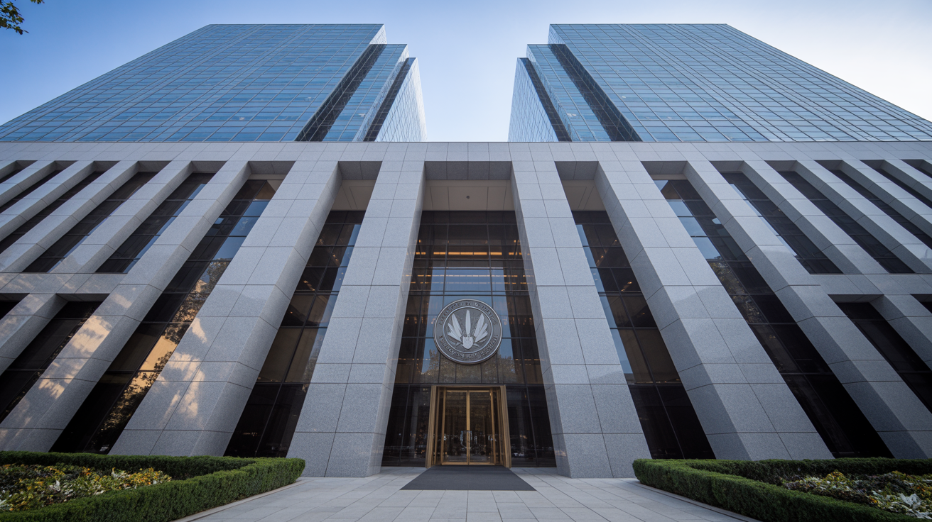 SEC headquarters building exterior with official seal, modern government architecture, professional regulatory agency environment representing institutional authority and policy oversight