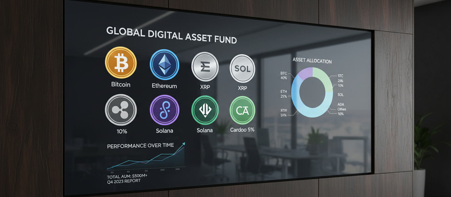 Diverse portfolio display showing multiple cryptocurrency logos including Bitcoin, Ethereum, XRP, Solana, and Cardano arranged in a professional investment fund presentation format with market cap percentages and allocation charts