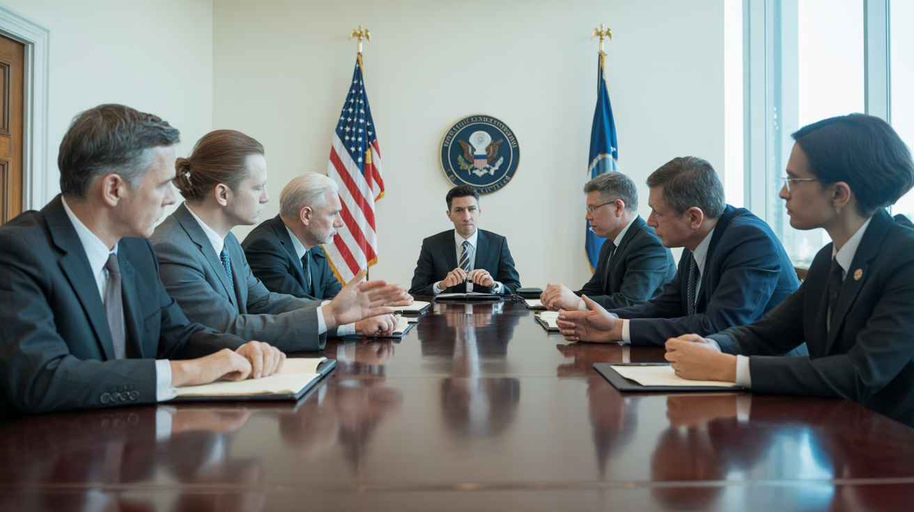 SEC commissioners and cryptocurrency industry executives seated at formal regulatory roundtable discussion table, professional government meeting room with American flag and SEC seal, diverse group of business leaders and regulators engaged in productive policy dialogue