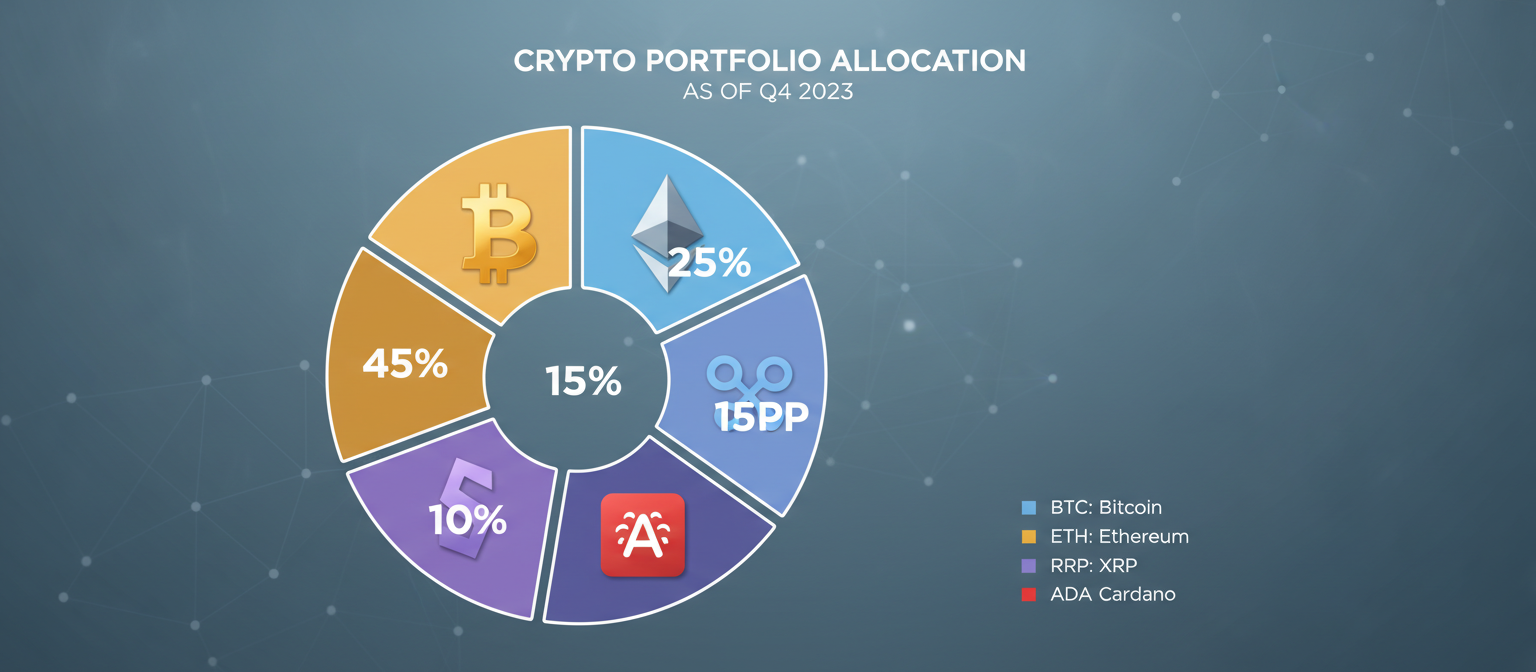 Professional visualization showing five cryptocurrency logos - Bitcoin, Ethereum, XRP, Solana, and Cardano - arranged in a balanced portfolio allocation chart with percentage weightings, modern financial infographic style with clean design and institutional aesthetic