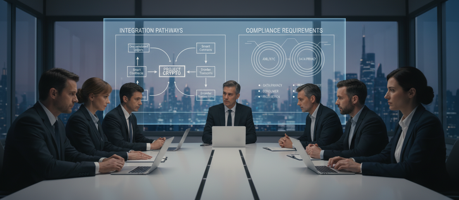 Regulatory officials meeting with blockchain industry leaders discussing implementation frameworks for Project Crypto with charts showing integration pathways and compliance requirements