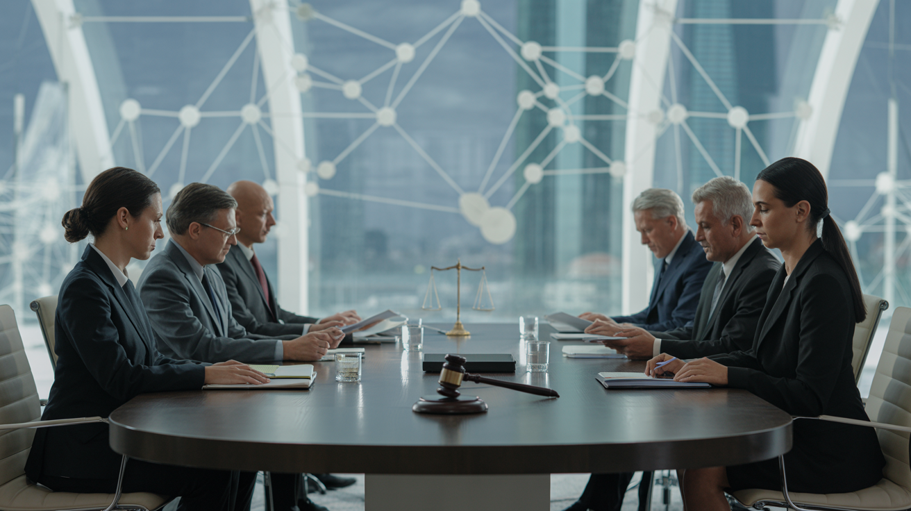 Legal and regulatory professionals reviewing compliance frameworks and enforcement policies, government officials at policy discussion meetings, symbolic representation of regulatory reform and crypto industry oversight evolution