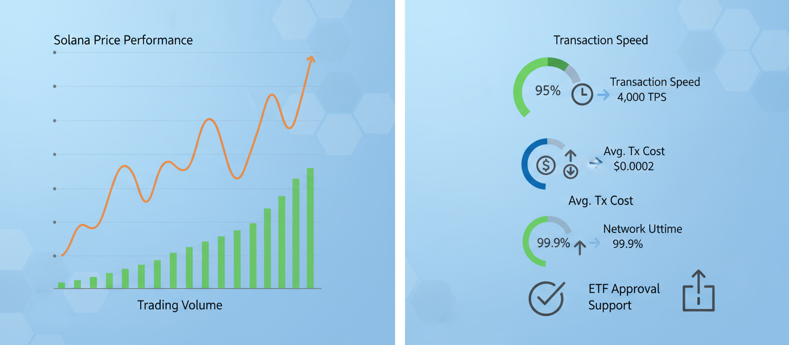 Split image showing Solana price performance charts alongside network statistics including transaction speeds, costs, and uptime metrics that would support ETF approval