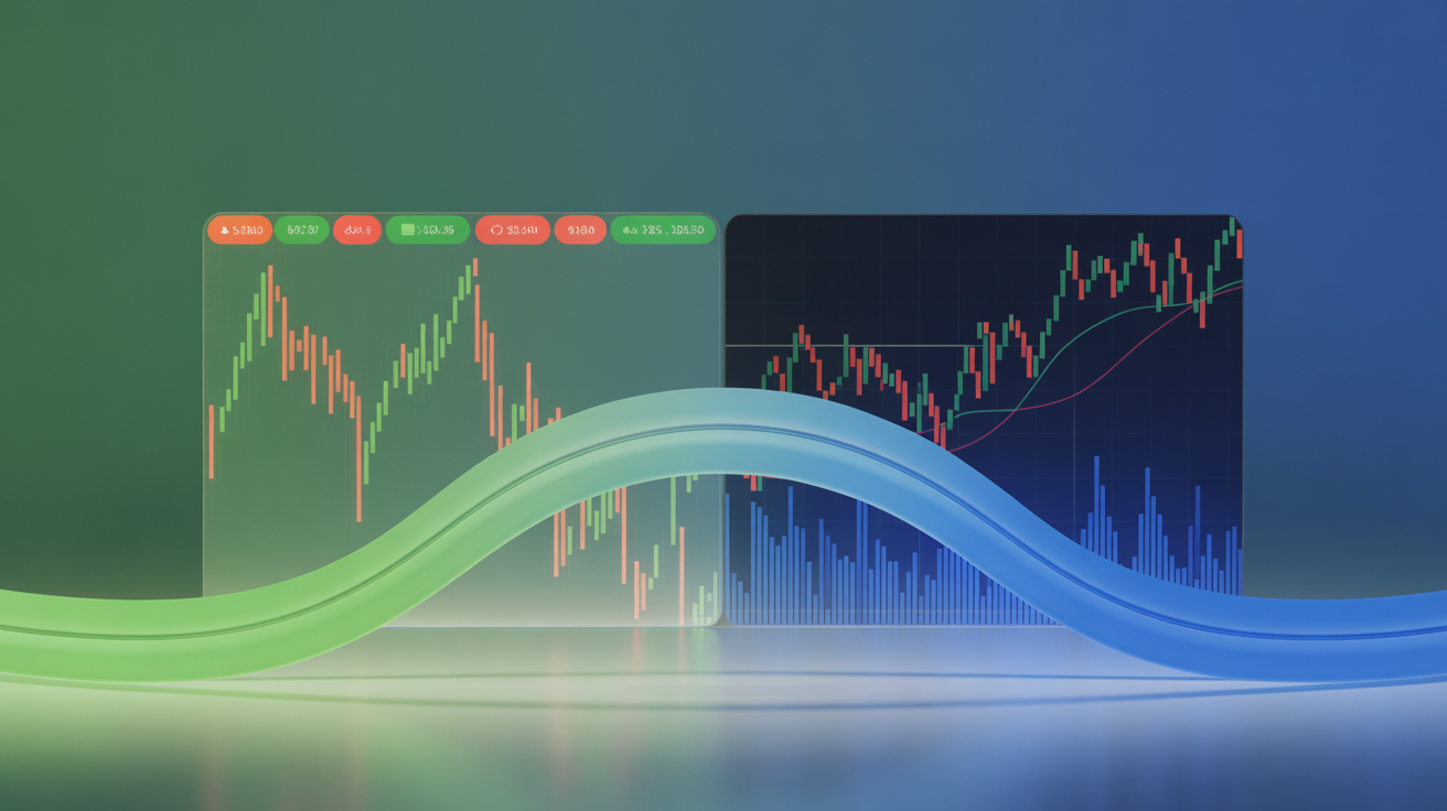A split-screen visual showing traditional stock market tickers on one side and cryptocurrency price charts on the other, with the S&P Digital Markets 50 Index logo bridging both sides, symbolizing the convergence of traditional finance and digital assets