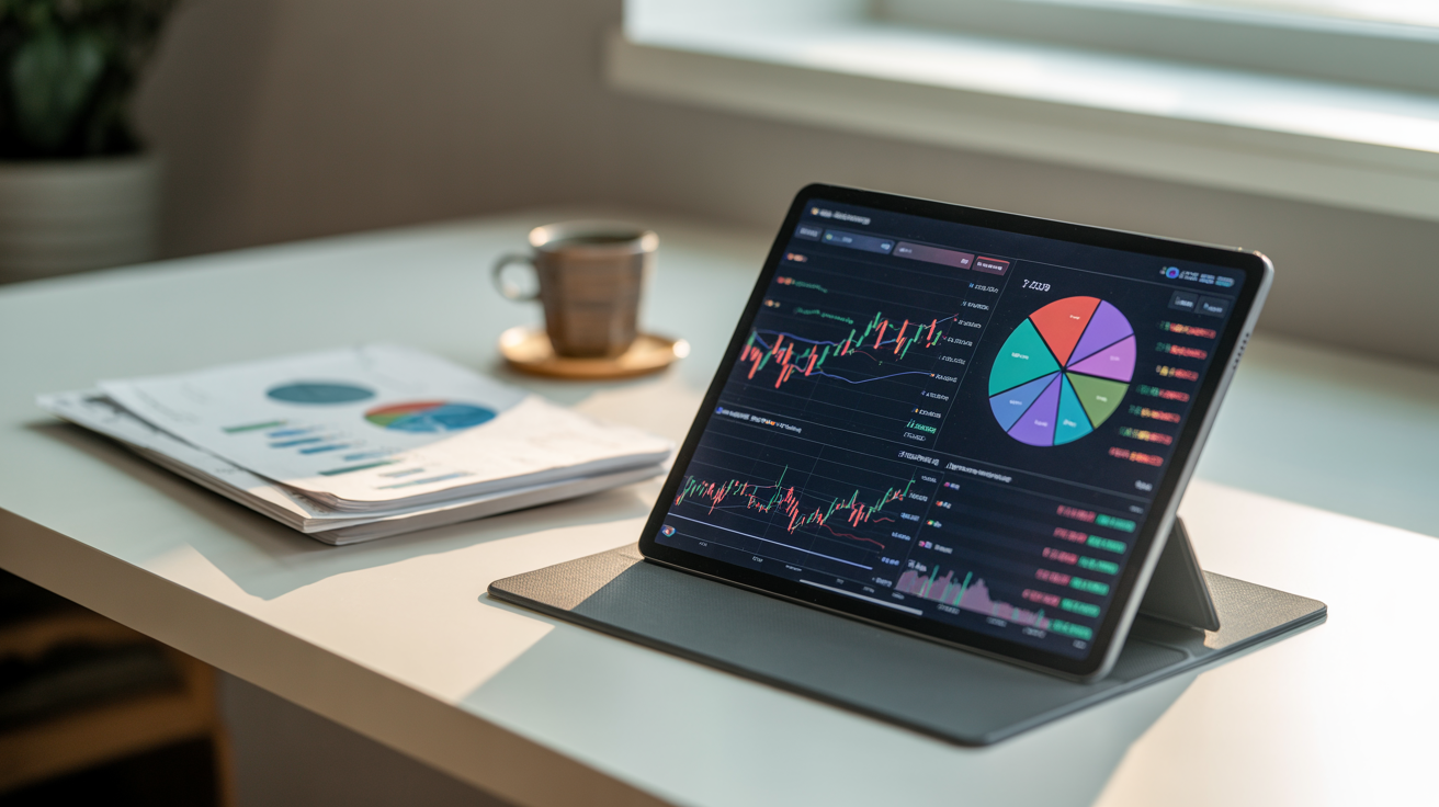 Close-up view of a digital tablet displaying the S&P Digital Markets 50 Index composition breakdown with pie charts showing the 35 equities and 15 cryptocurrencies, alongside trading volume data and performance metrics on a modern desk with coffee and financial documents