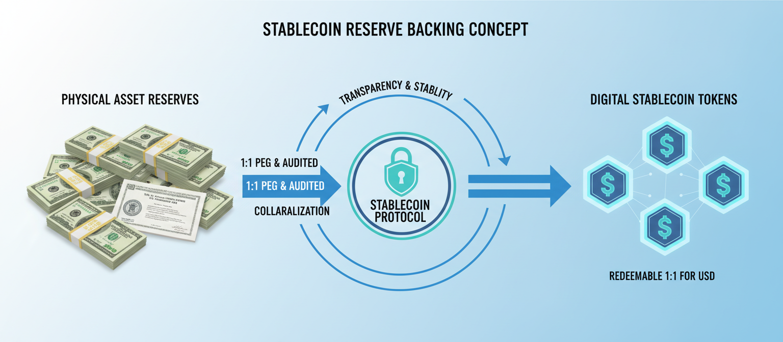 Detailed infographic showing stablecoin reserve backing concept with U.S. dollar bills and Treasury bonds on one side connected by arrows to digital stablecoin tokens on the other side, illustrating one-to-one reserve requirement, clean financial diagram style with professional color scheme